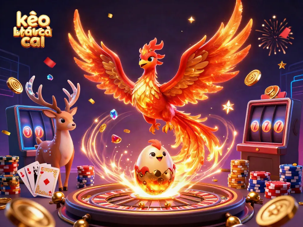 Engage with kèo nhà cái in a vibrant scene featuring fiery phoenix and dazzling coins.
