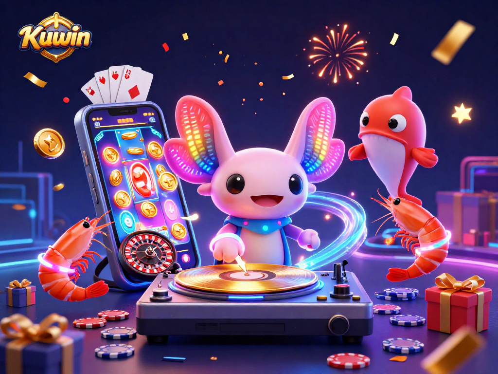 Kuwin players spinning colorful slot games with vibrant 3D animated characters in a lively casino atmosphere