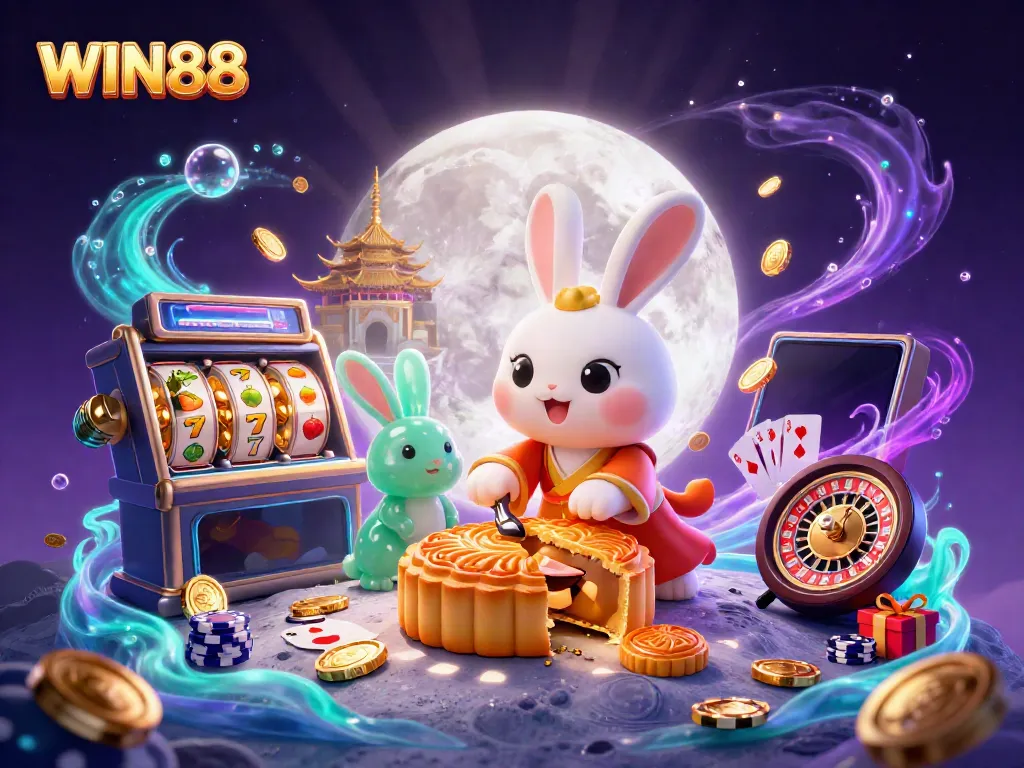 Experience WIN88 excitement with a lunar scene showcasing a moon rabbit revealing poker chips, perfect for gaming.