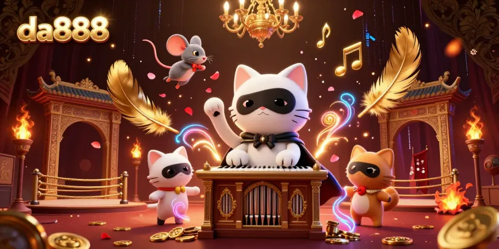 Gamble with da888 while enjoying a whimsical casino-themed scene featuring a masked cat and acrobatic mouse.