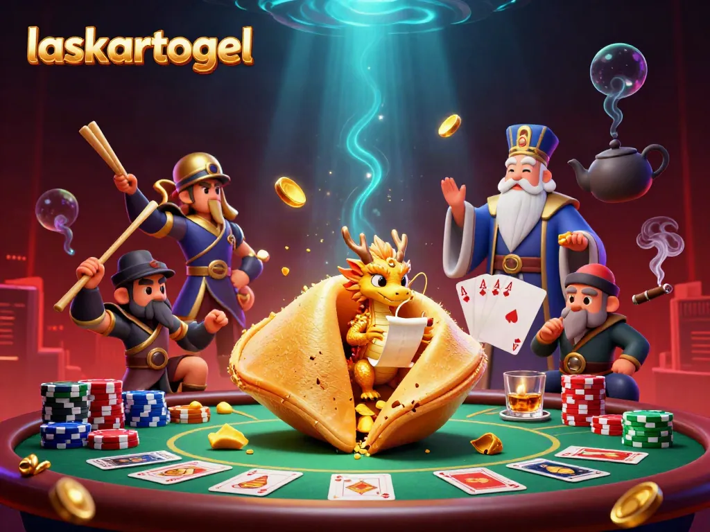 Experience the excitement of laskartogel with golden fortune and poker elements in a dynamic 3D scene.