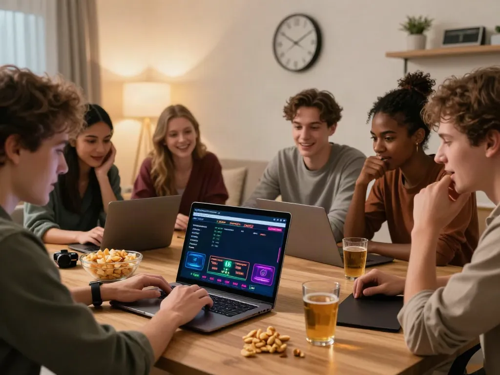 Group of friends enjoying akunjp online gambling experience in a cozy setting, showcasing excitement and social engagement.