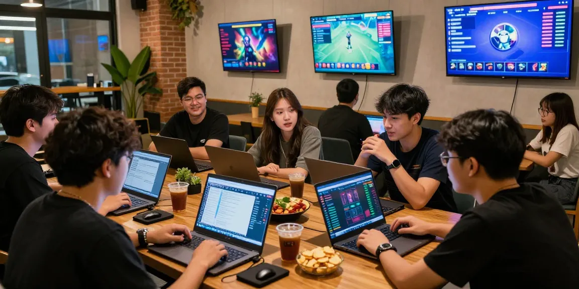 Engaged young adults discussing situs togel strategies in a modern gaming lounge
