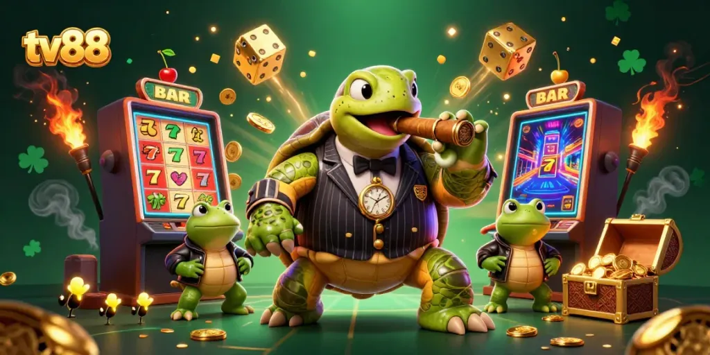 Experience the excitement of tv88 with a lively casino scene featuring a mobster turtle and bullfrog enforcers.