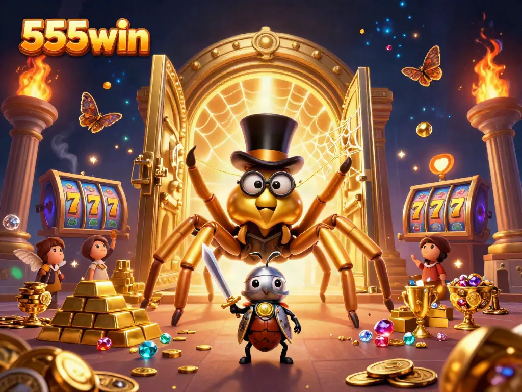 Experience the magic of 555win with a golden tarantula and beetle knight in a casino-themed adventure.