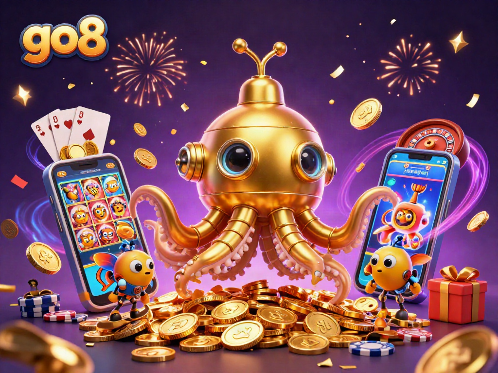 Experience winning thrills with go8's golden kraken submarine amidst coins and gaming action!