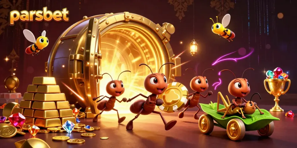 Experience the thrill of parsbet with animated ants heisting a giant poker chip amidst sparkling gold.