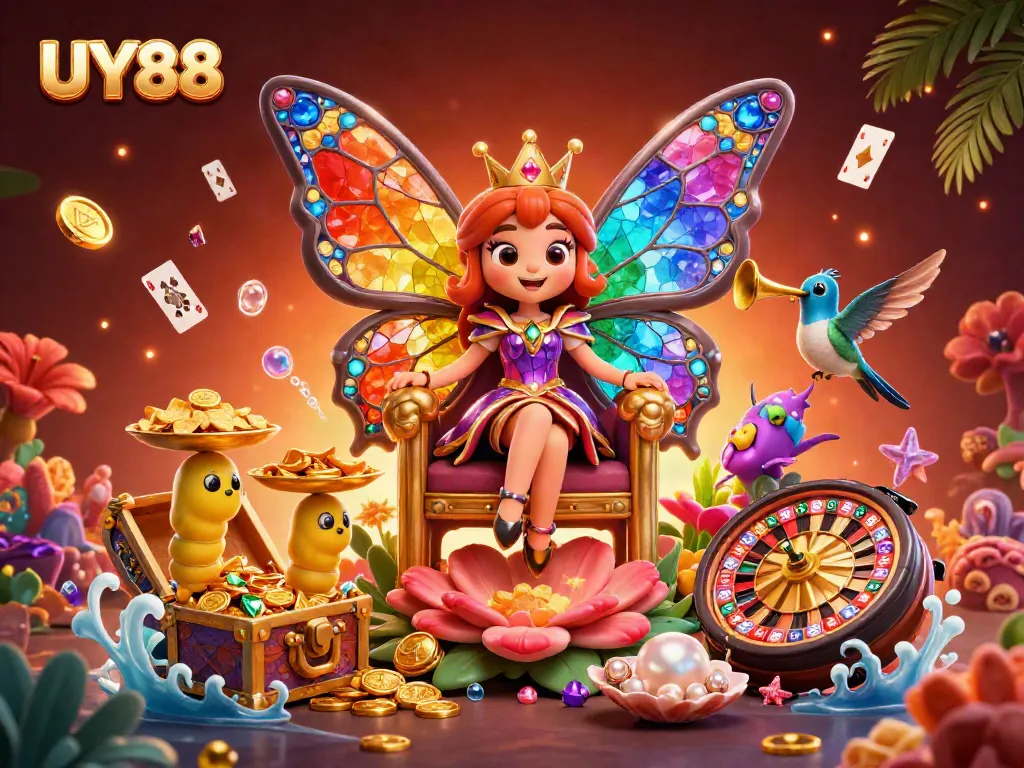 Experience UY88's vibrant casino adventures featuring a colorful butterfly queen with gold chip trays