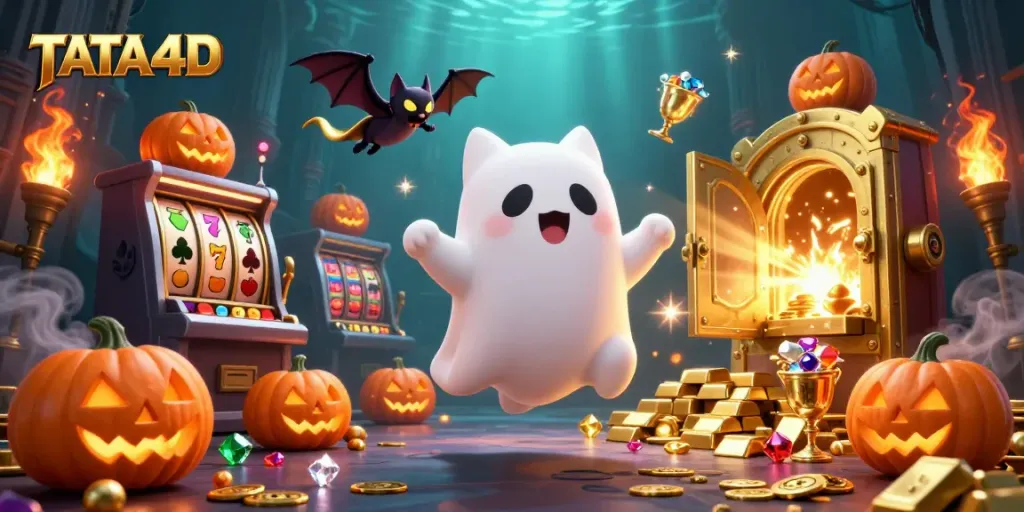 TATA4D showcases a festive casino scene with a friendly ghost cat and vampire bat in a vibrant, engaging atmosphere.