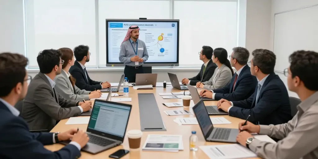 Training session on NVQ Level 6 in Saudi Arabia with professionals collaborating in a modern classroom setting.