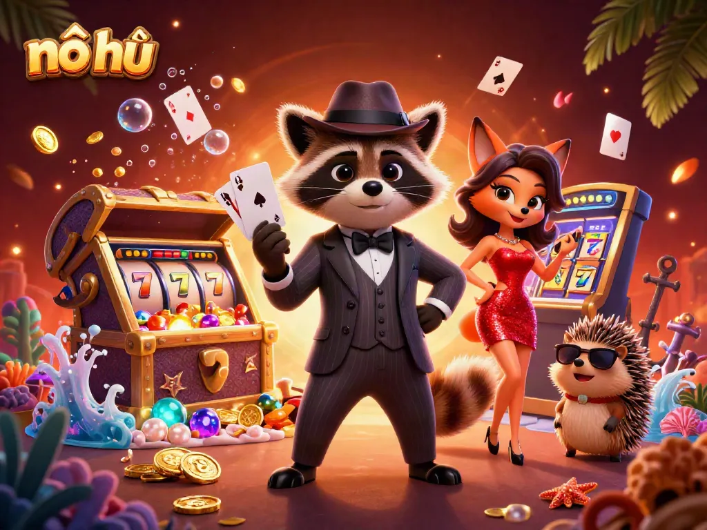 Engage with nổ hũ for a jackpot win surrounded by vibrant casino action and lively characters.