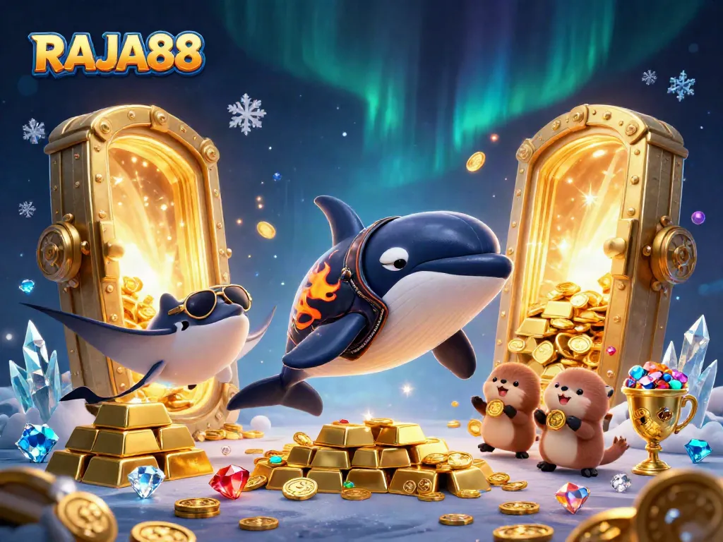 Gambarkan Raja88 dalam ilustrasi 3D yang penuh warna dengan karakter kartun ikan orca, stingray, dan berang-berang laut membawa koin emas.