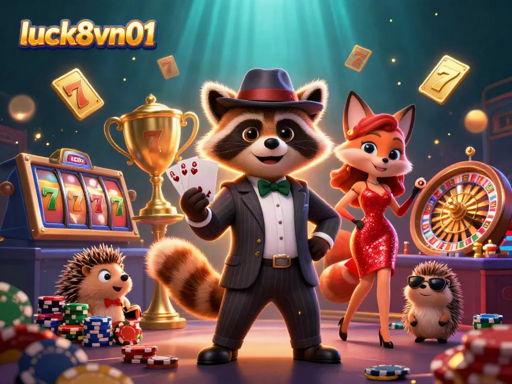 Experience excitement at luck8vn01 with a raccoon casino dealer and charming companions winning royal stacks of gold.