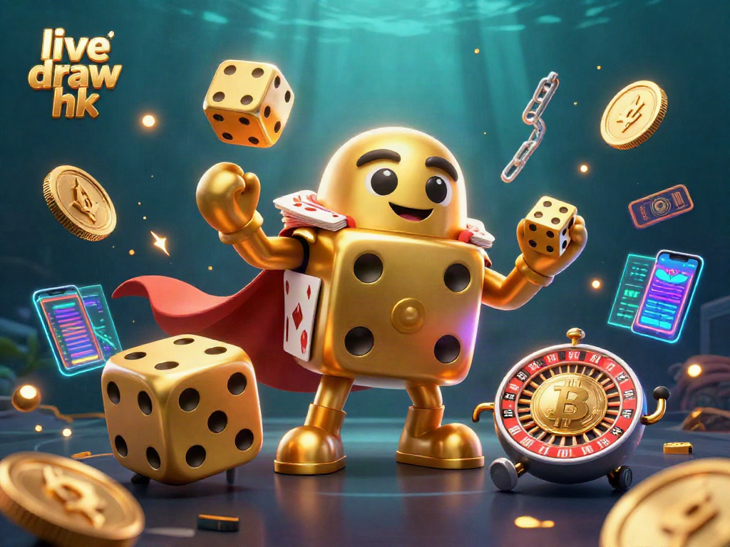 Play live draw hk with a fun 3D golden dice golem and crypto elements creating dynamic energy