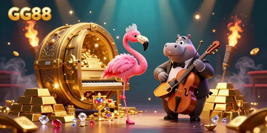 Experience the excitement of GG88 with a vibrant casino scene featuring a flamingo singer and hippo bassist.