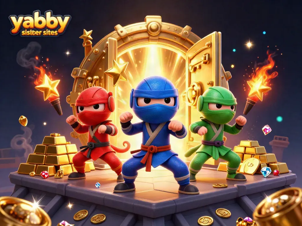 Play at yabby casino sister sites with vibrant slot games and rich treasures surrounding ninja chameleons.