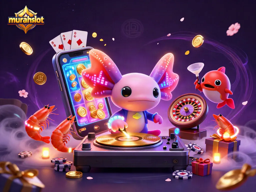 Mainkan murahslot dengan ilustrasi DJ axolotl neon meriah dan elemen kasino yang menarik.