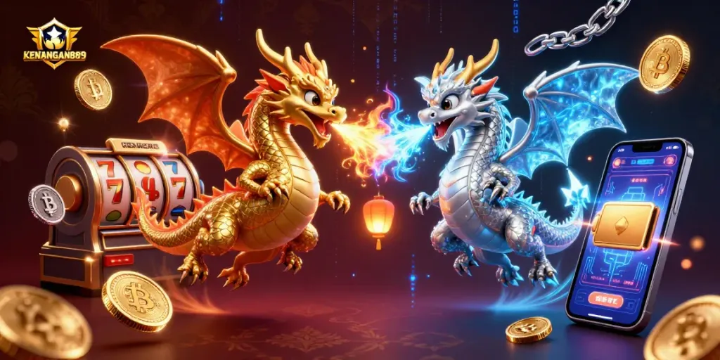 Engage with KENANGAN889 through a vibrant 3D illustration showcasing dragons and exciting casino elements.
