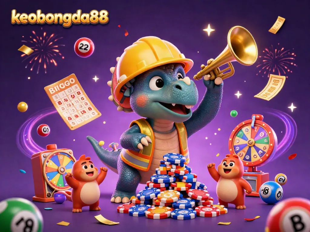 Cheerful celebration scene showcasing keobongda88 with cartoon dinosaurs amidst colorful gambling elements.