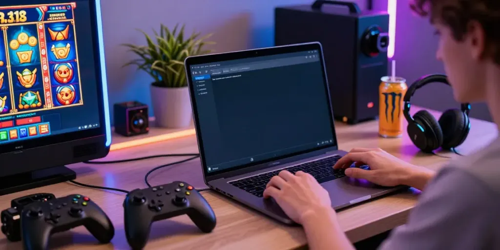 Engaging online gaming scene with bro138 interface displaying colorful slot games.