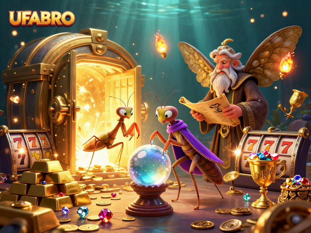 Bet with UFABRO at a mystical casino scene featuring 3D characters, treasures, and slot elements.