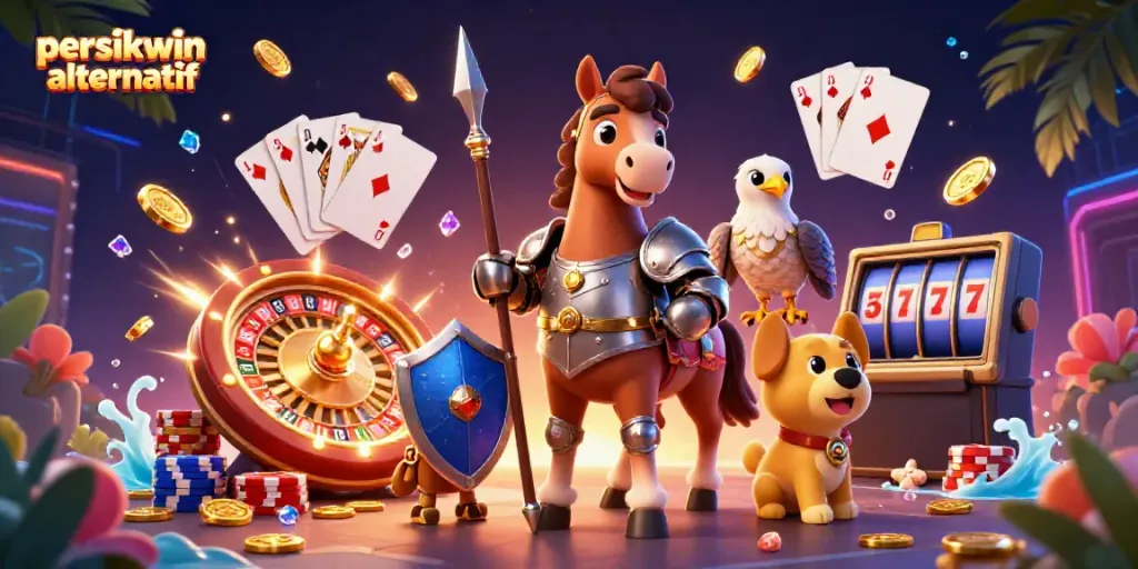 Ilustrasi kasino 3D yang menampilkan karakter knight, anjing pengawal, dan elang dengan elemen slot dan koin, menggambarkan persikwin alternatif.