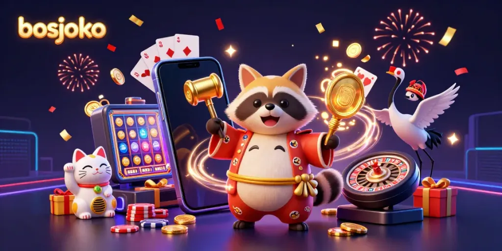 Engage with the vibrant bosjoko slot game illustration featuring a cheerful tanuki and lucky symbols.