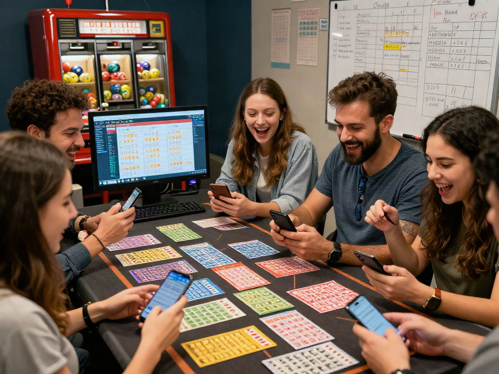 Friends discussing prices and strategies for harga toto lottery tickets in an energetic gaming scene.