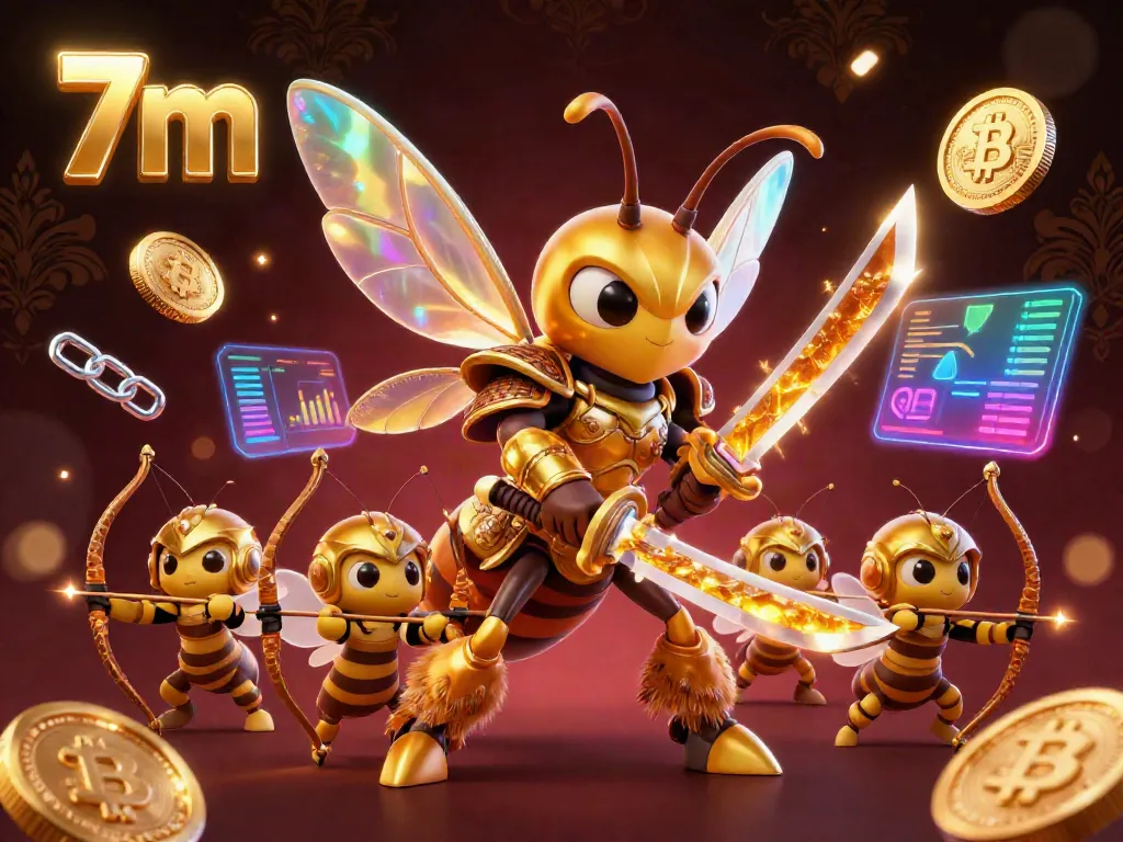 Watch 7m sports betting action with a golden hornet samurai and bee archers amidst vibrant crypto elements.