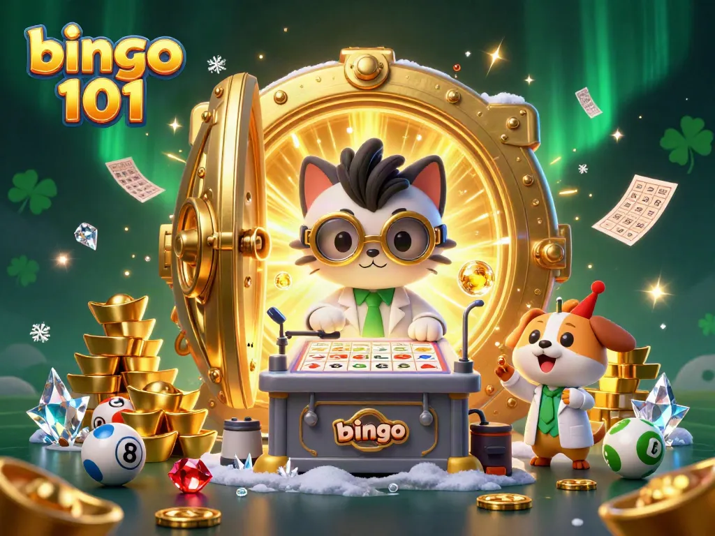 Memenangkan permainan dengan bingo 101, karakter dengan kartu bingo, dan harta karun yang berkilau
