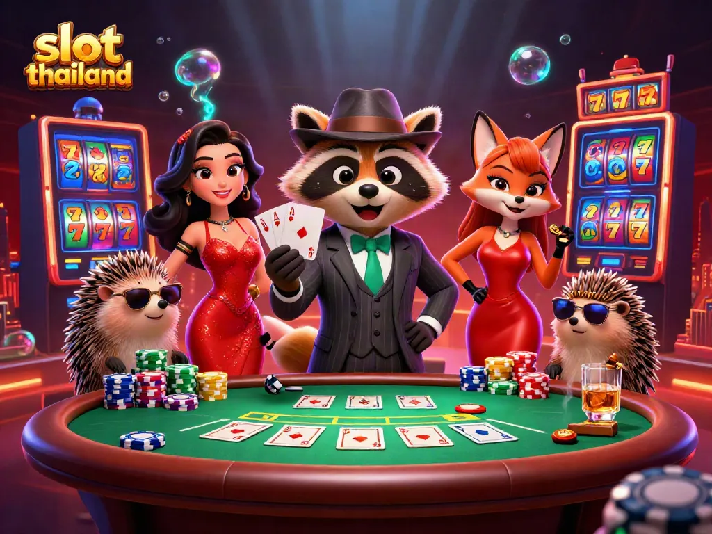 Experience thrilling casino games with slot thailand as suave characters play vibrant slots surrounded by colorful elements.
