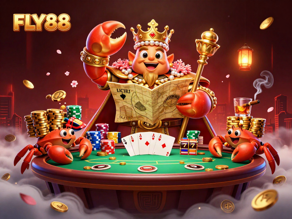 FLY88 showcases a vibrant casino scene with a golden crab emperor amidst gaming elements.