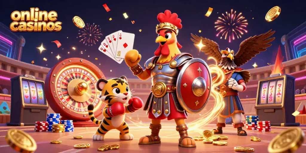 Engage with vibrant online casinos featuring a gladiator rooster, tiger cub, and eagle amidst a dynamic casino scene.