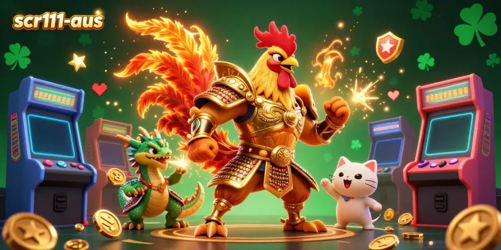 Engage with scr111-aus and celebrate gaming excitement featuring unique characters like a rooster and dragon.
