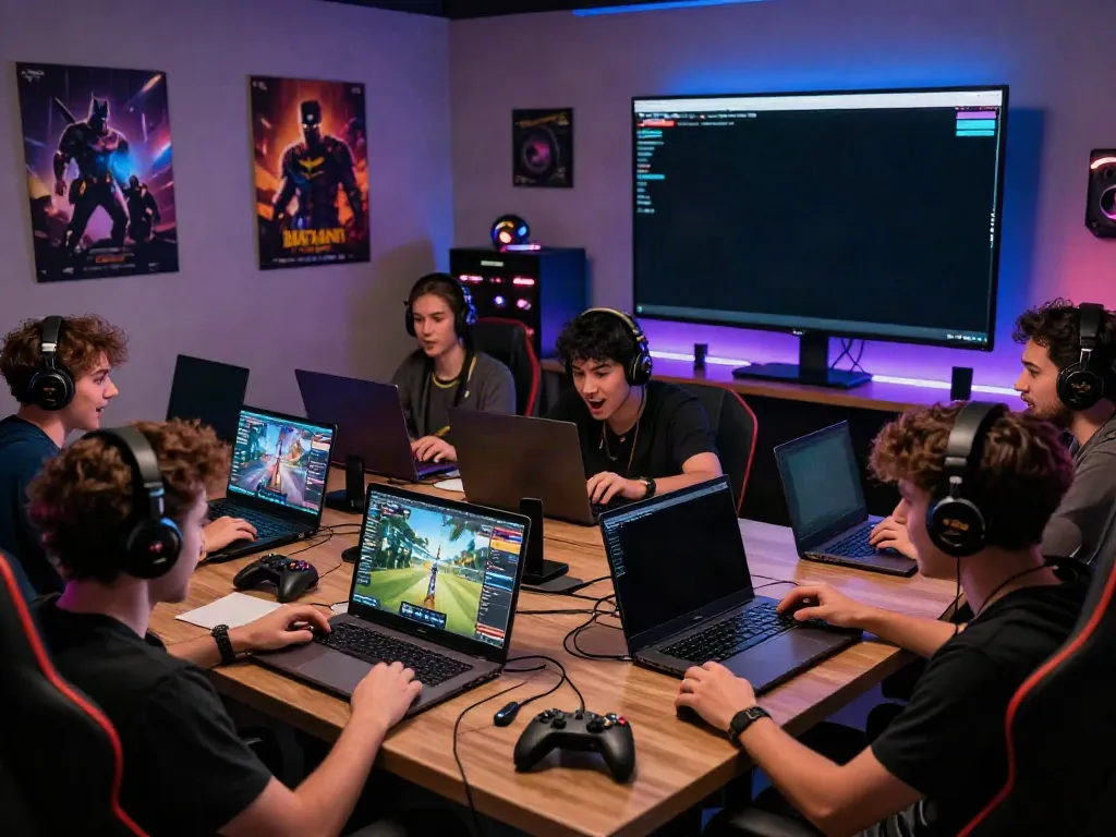 Gamers enjoying the Batman138 platform in a vibrant lounge with modern devices.