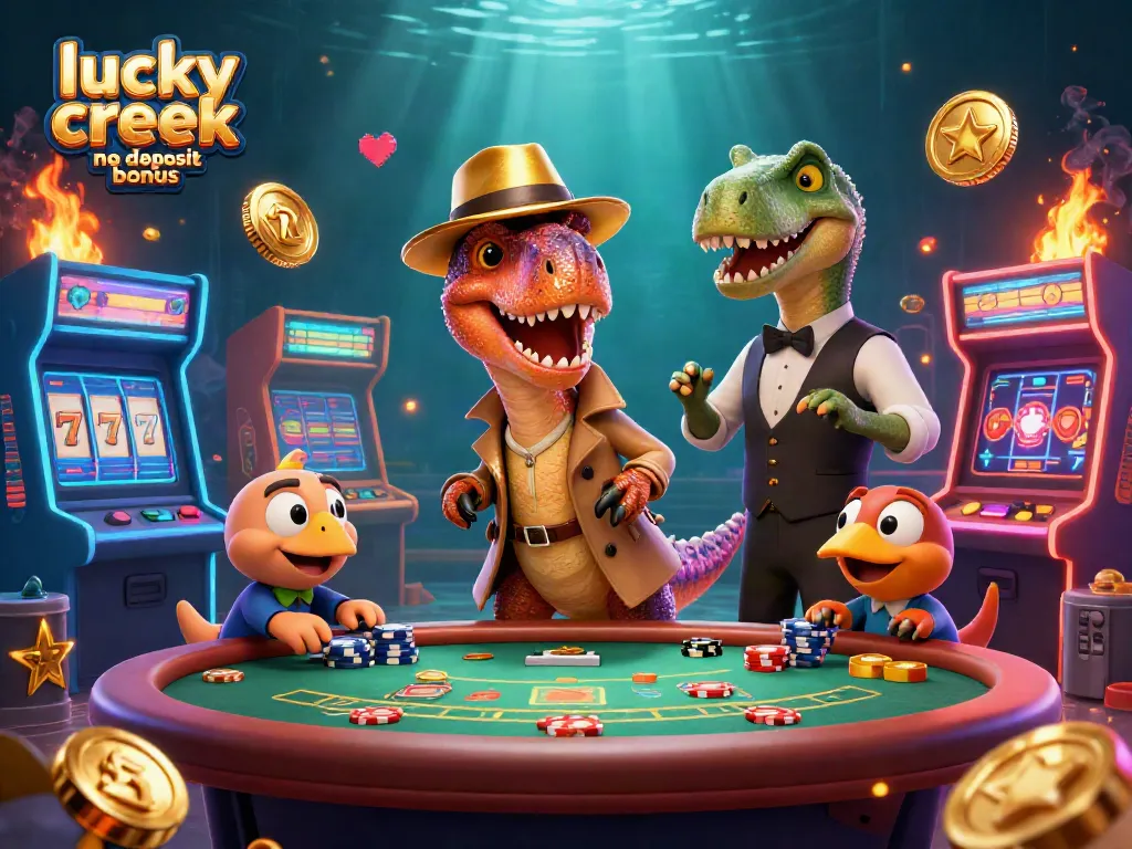 Win big with the lucky creek no deposit bonus while cartoon dinosaurs play blackjack.