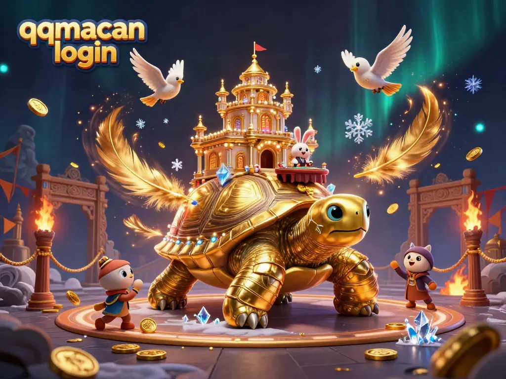 Engage with qqmacan login at an enchanting casino scene featuring a tortoise palace and a rabbit dealer.