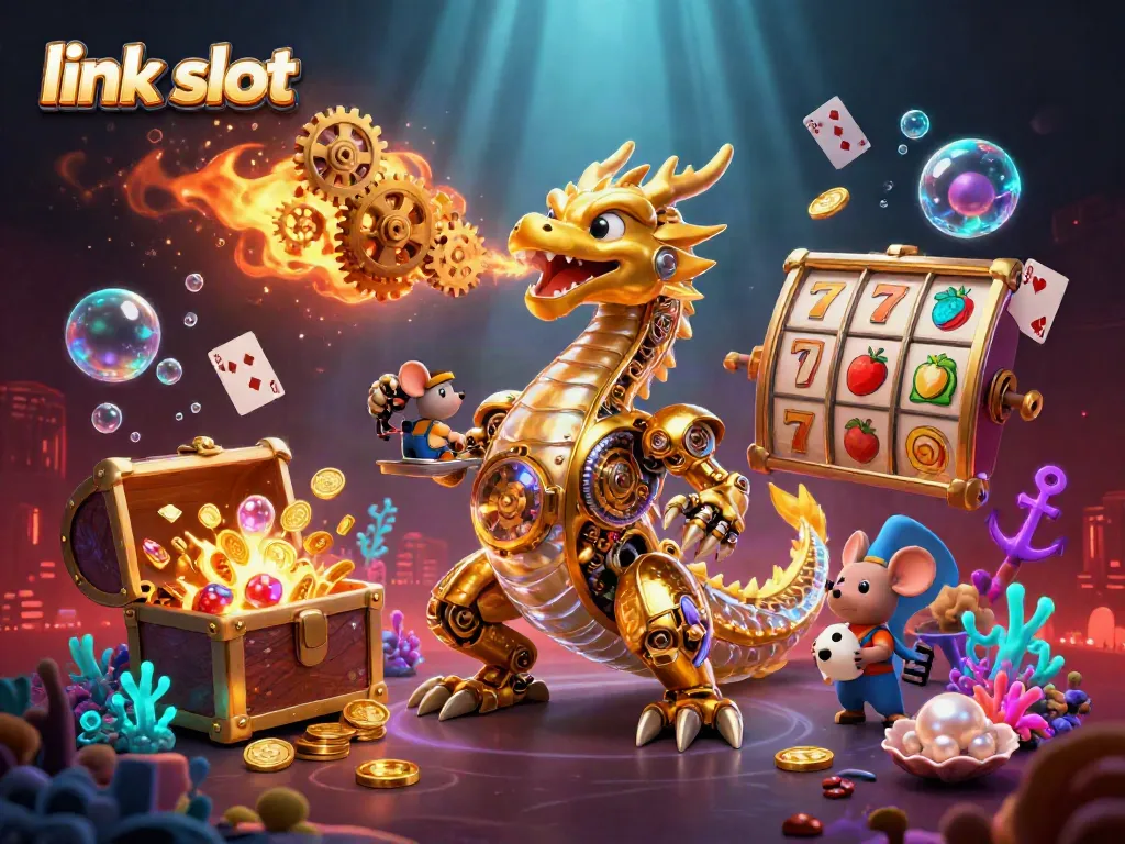 Engage in gaming excitement with a vibrant link slot scene featuring dynamic slot reels and treasures.