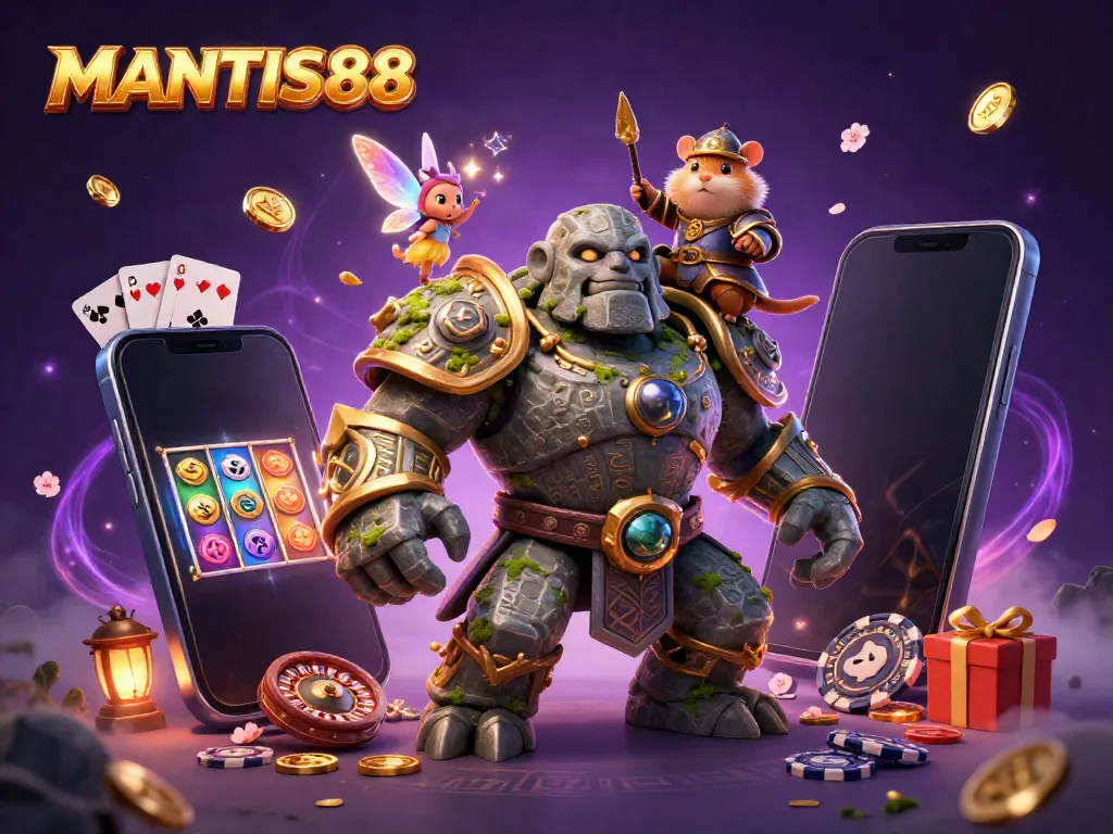 Engage with MANTIS88's vibrant casino adventure featuring golems, fairies, and magical gameplay elements.