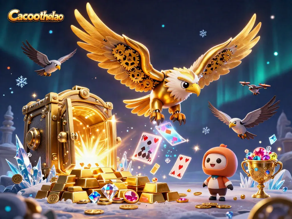 Win big with Cacuocthethao as a cybernetic eagle dives through vibrant holographic cards and treasures.