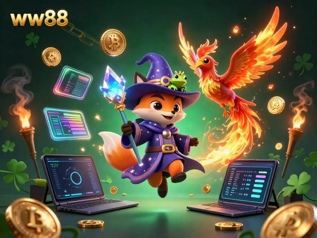 Experience thrilling gameplay with ww88, a mystical fox and phoenix in a vibrant casino scene featuring digital currency elements.