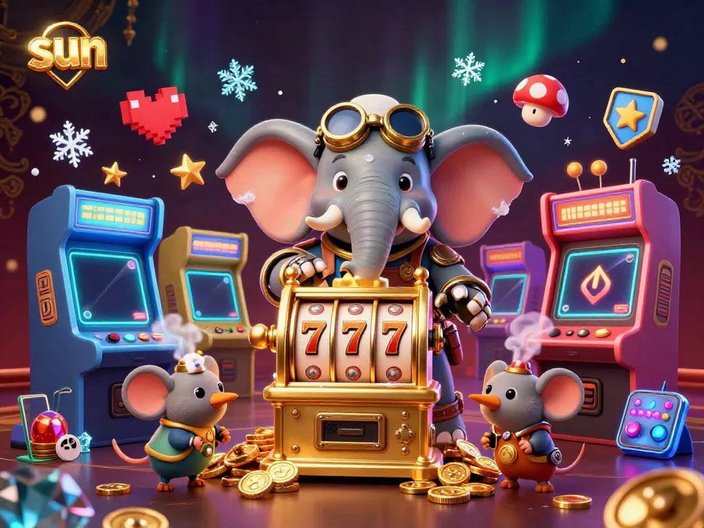 Engage with thrilling slots as the steampunk elephant operates a vibrant slot machine, embodying the spirit of gaming.