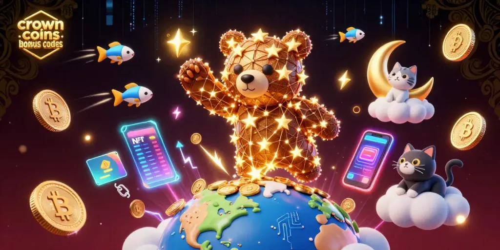 Win big with crown coins bonus codes in a vibrant 3D casino scene featuring characters and crypto elements.