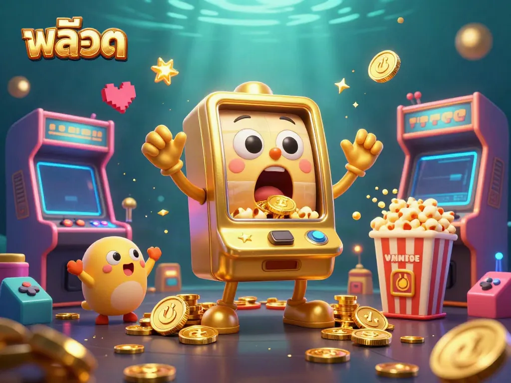 Experience the exciting world of สล็อต with a golden slot machine jackpot scene surrounded by colorful arcade elements.