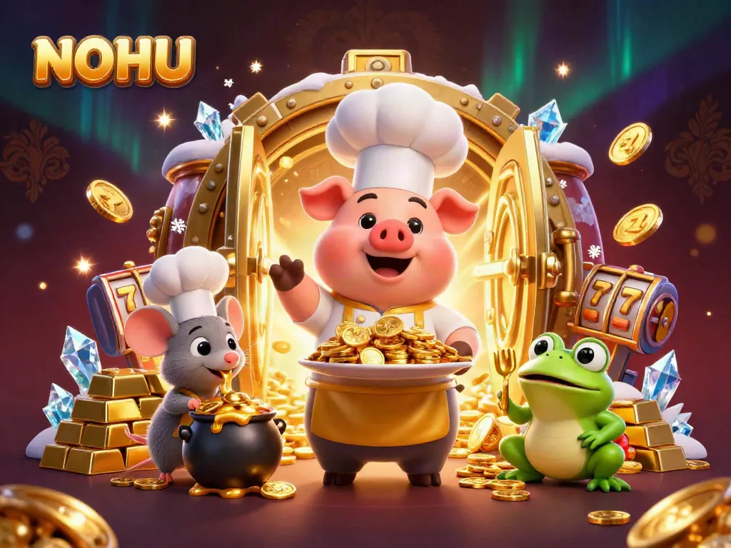 Engage with NOHU's thrilling slots featuring vibrant treasures, and animated characters in a dazzling casino scene.