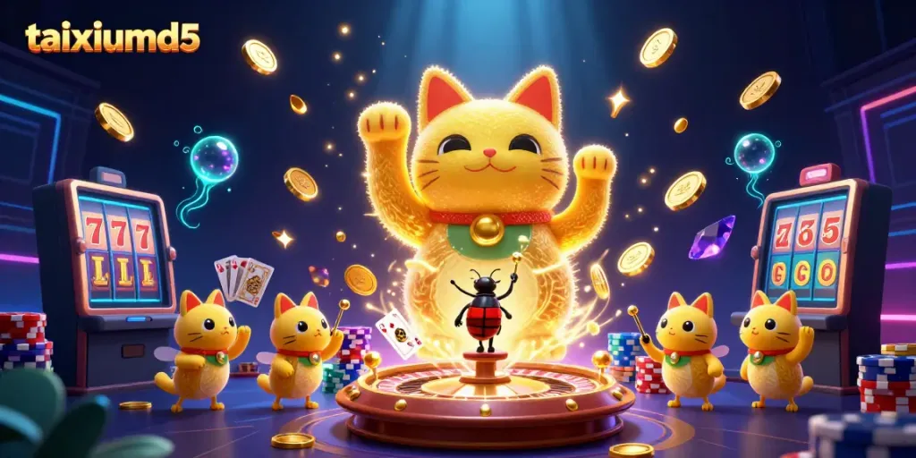 Experience the thrill of taixiumd5 with vibrant casino-themed visuals featuring a lucky cat.
