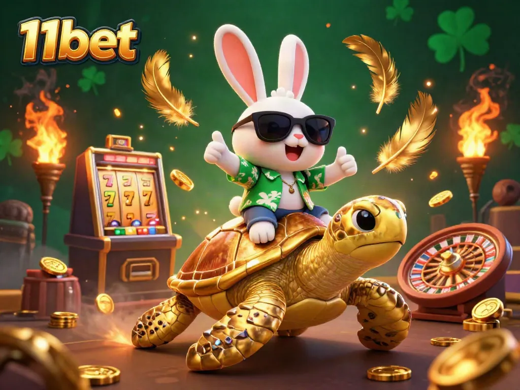 Engage with 11bet's thrilling casino action featuring a lucky rabbit and golden turtle in a vibrant digital world.