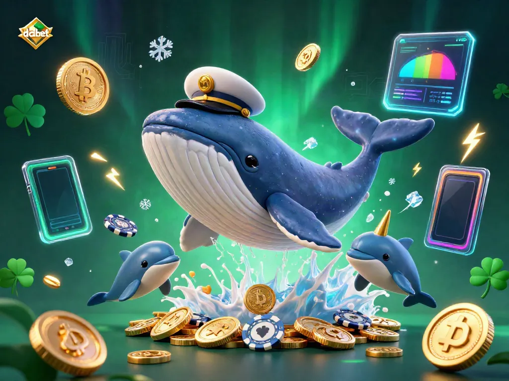 DABET casino scene featuring a cartoon whale, a narwhal, and playful dolphins surrounded by coins and crypto elements