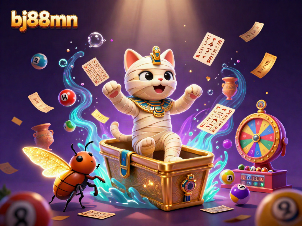 Engage with bj88mn exciting gaming adventure featuring a lively scene of a casino with a mummy cat and dynamic lottery elements.
