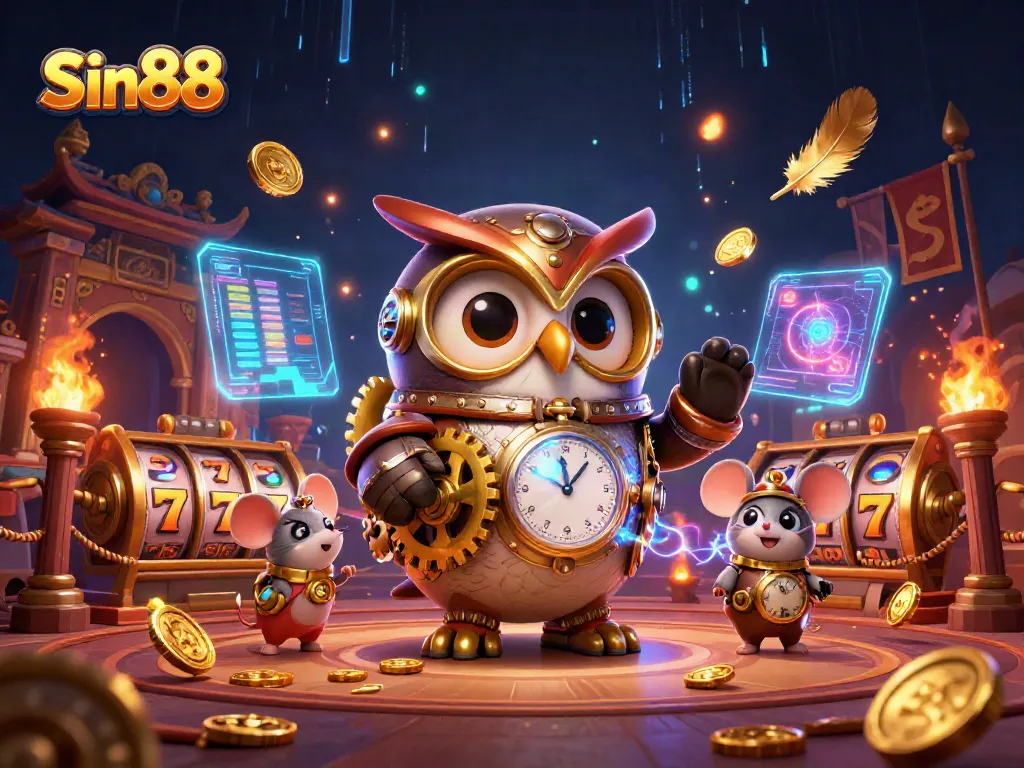 Sin88 showcases vibrant slots action with a steampunk owl and mouse in a dynamic casino setting.